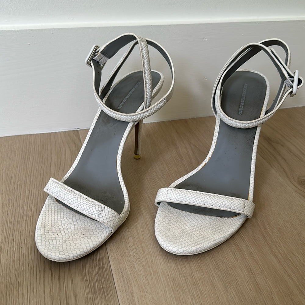 White leather strappy ankle buckle high heel sandal